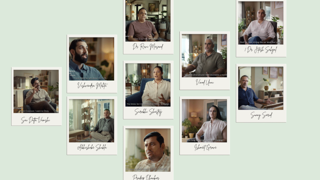 MG Motor EV Sahi Hai campaign testimonial collage featuring nine real customers sharing authentic electric vehicle experiences in their home and office environments