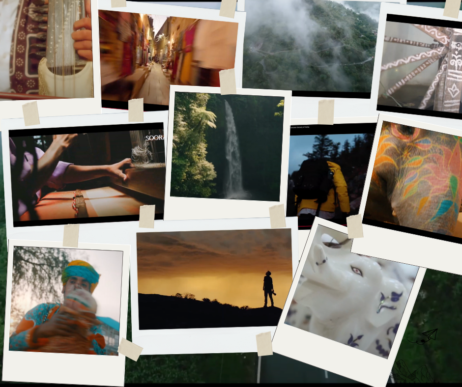 

Travel diary style photo collage featuring Indian cultural imagery including musicians, mountain landscapes, traditional crafts, and explorers, illustrating Soorahi whisky's journey-based marketing approach