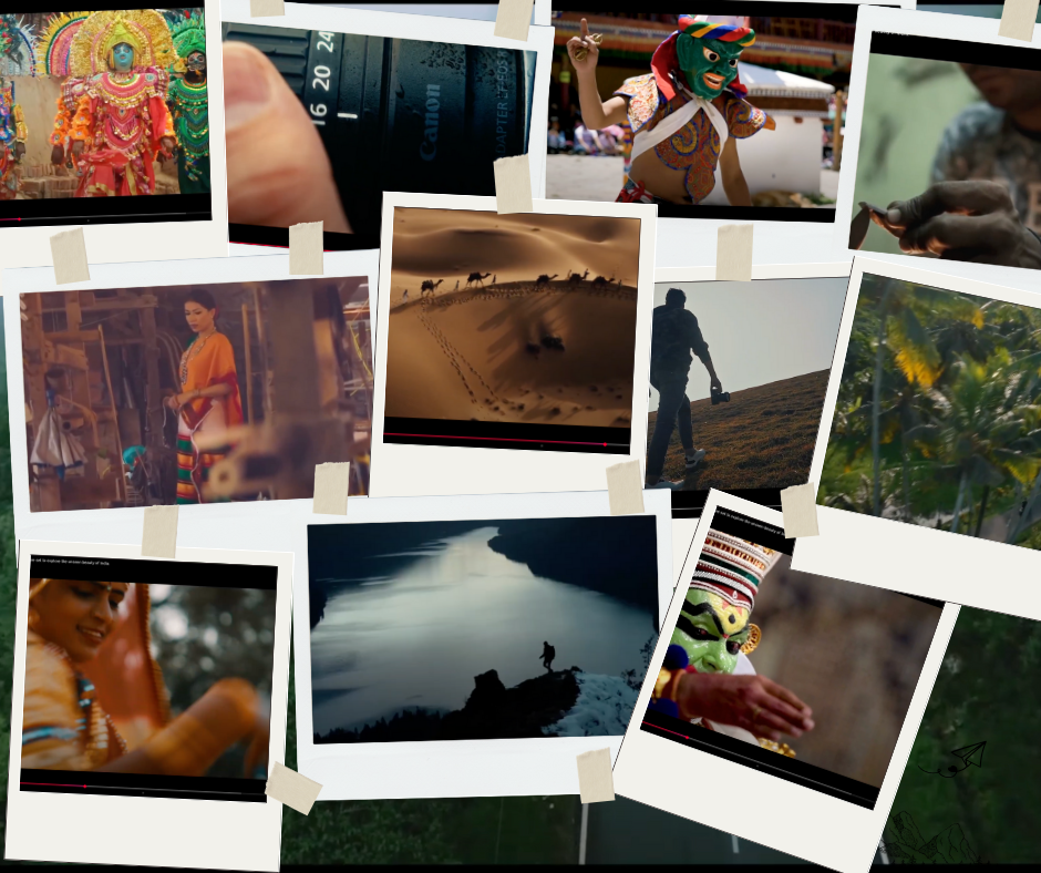 Collage of Polaroid-style photographs showing diverse Indian cultural scenes including traditional dancers, desert landscapes, artisans, waterfalls, and travelers, representing Soorahi's Spirit of Discovery campaign narrative
