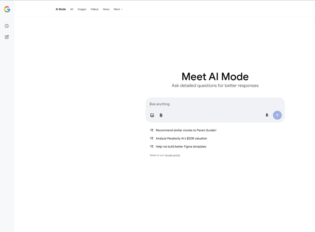 Google AI Mode interface showing personalised suggestions based on user's Google activity, with search suggestions for movies, business analysis, and design tools