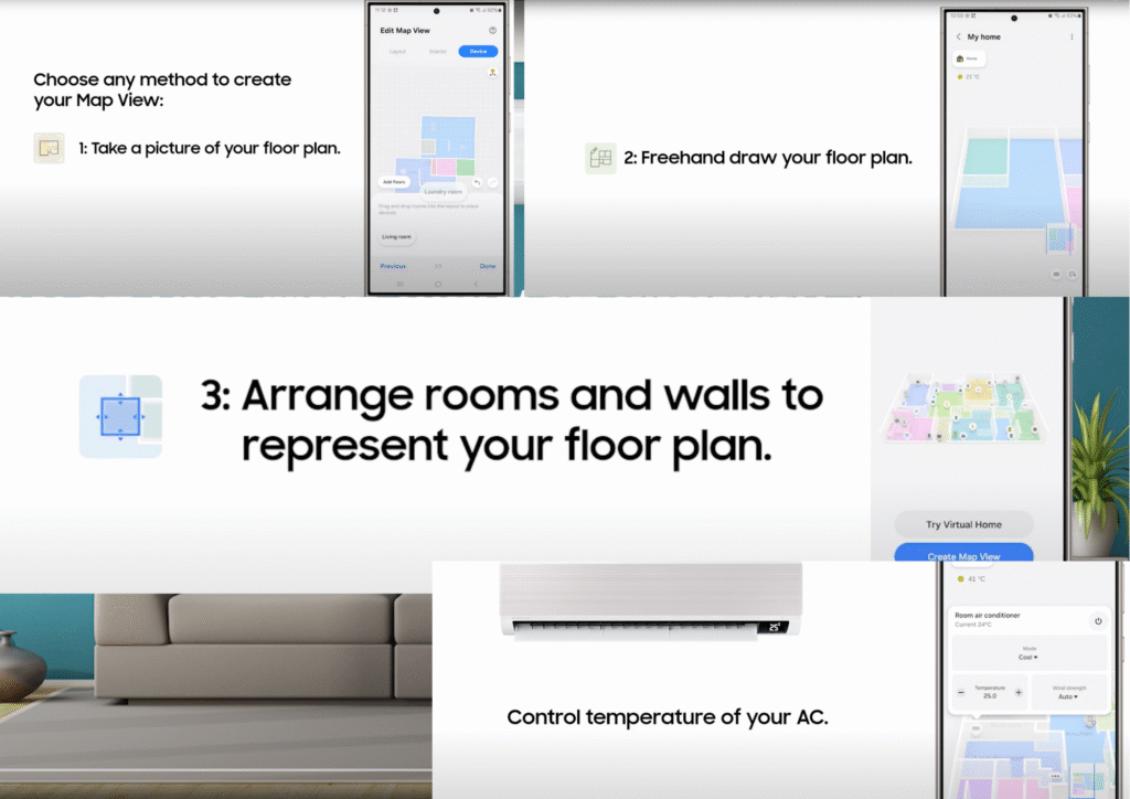 Samsung SmartThings Map View interface showing three-step setup process: photograph floor plan, freehand drawing option, and room arrangement with air conditioning control