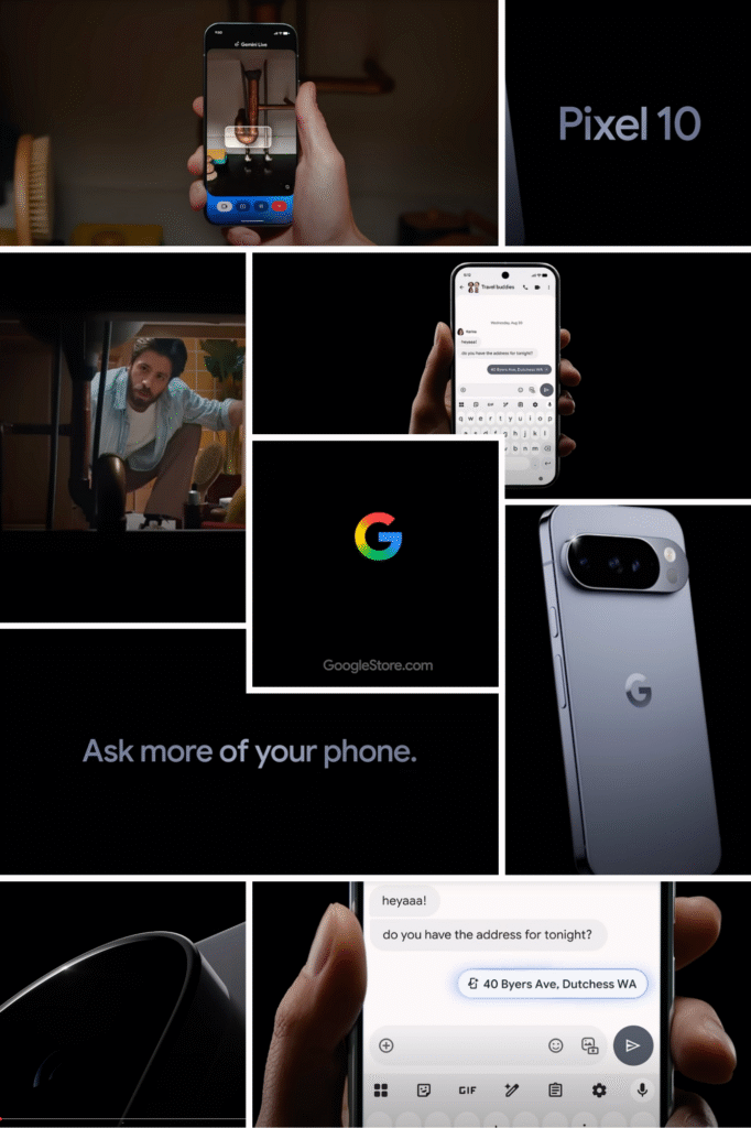 Google Pixel 10 advertisement showing AI-powered features including visual guidance for plumbing repair, contextual message assistance, and Magic Cue functionality with phone displaying address suggestion