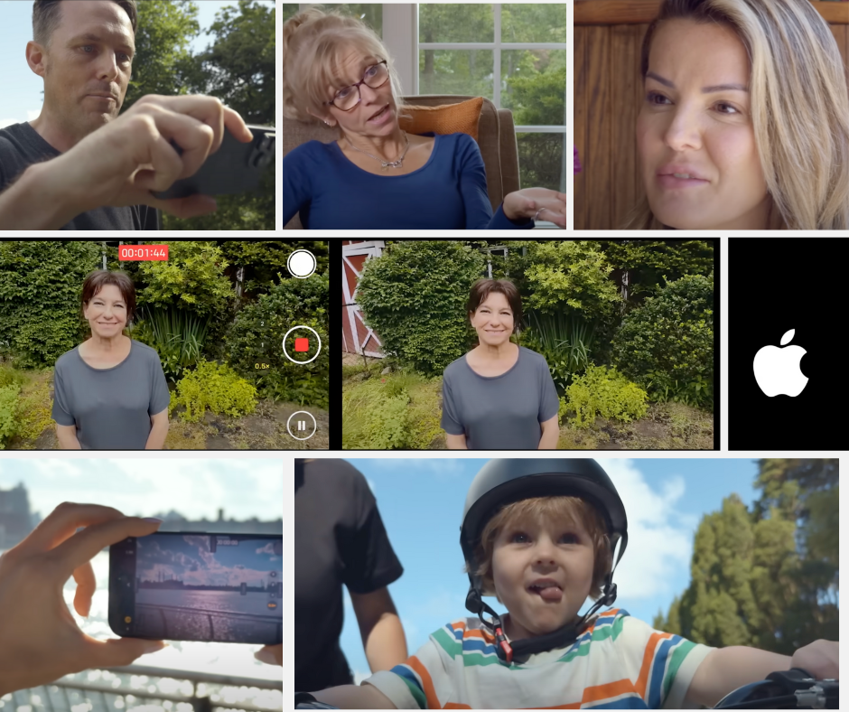 Collage of six frames from Apple's "No Frame Missed" accessibility campaign showing people with Parkinson's disease using iPhone Action Mode - includes Brett Harvey filming with visible hand tremor, elderly woman Marie in chair, woman Ellen looking emotional, iPhone camera interface with Action Mode controls, hand holding iPhone displaying stabilised video, and young boy Dexter on bicycle being filmed