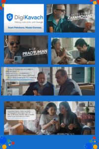 A collage from Google India’s DigiKavach campaign showing iconic TV detectives investigating digital scams alongside family members, with promotional messages warning against online fraud.