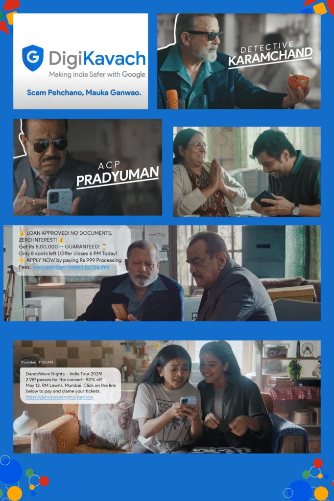 A collage from Google India’s DigiKavach campaign showing iconic TV detectives investigating digital scams alongside family members, with promotional messages warning against online fraud.