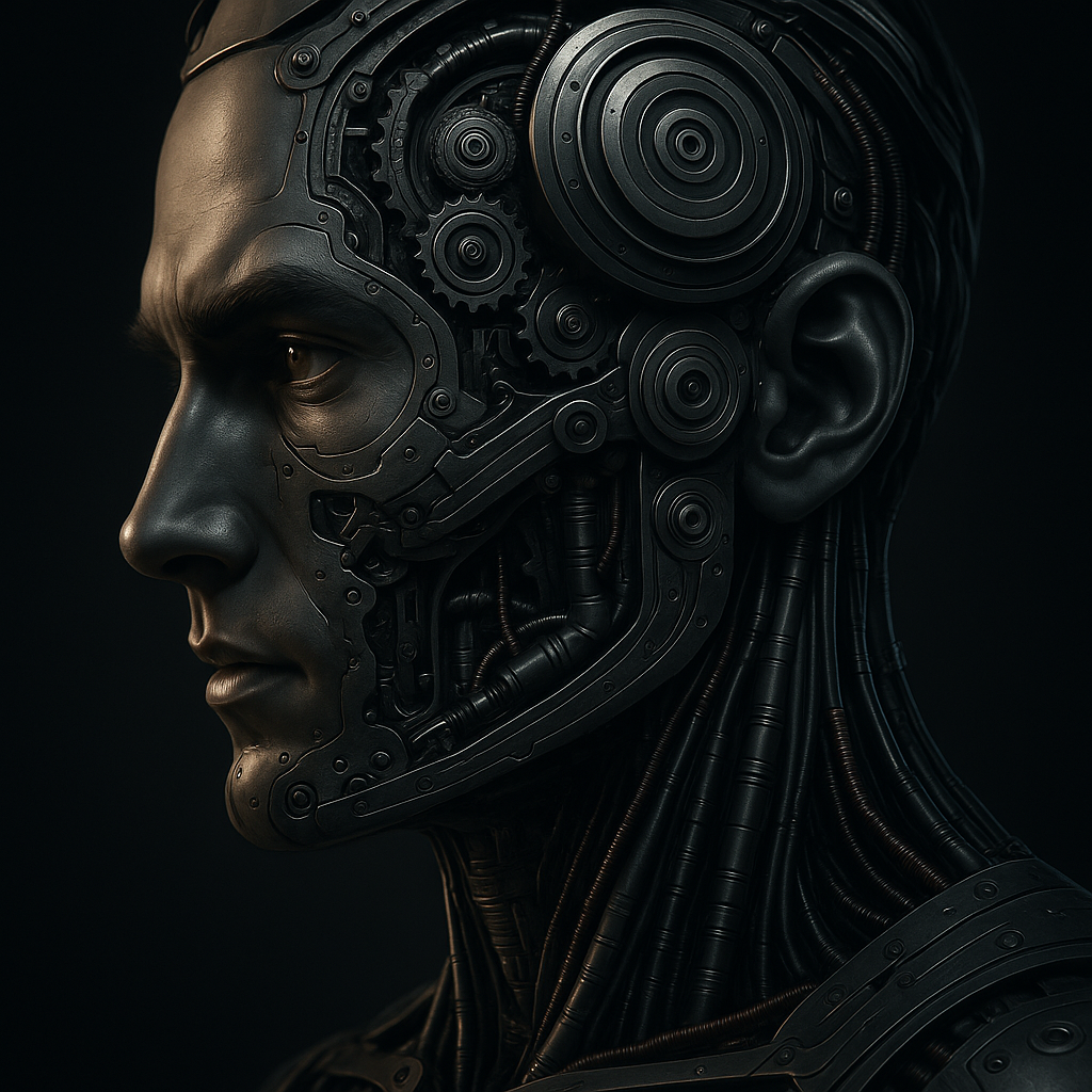  Close-up image of a futuristic robotic head showing intricate mechanical parts and gears, symbolising artificial intelligence and algorithmic complexity in modern technology.