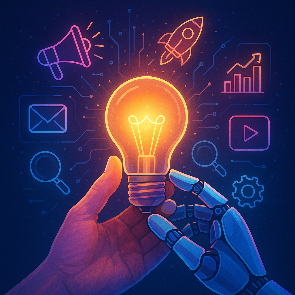 Conceptual image showing a human hand and a robotic hand holding a glowing light bulb symbolizing ideas and innovation, surrounded by digital marketing icons and video play buttons in a futuristic style