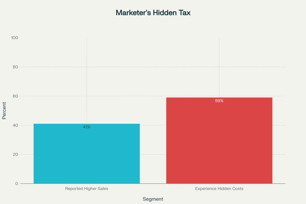 Infographic summarizing the hidden gaps behind Google's reported AI marketing metrics versus user experiences and implementation challenges