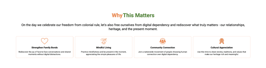 Kenstar No Phone Hour campaign framework showing four strategic pillars: Strengthen Family Bonds, Mindful Living, Community Connection, and Cultural Appreciation