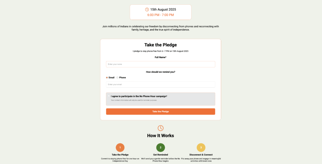 Kenstar No Phone Hour pledge form and participation process showing three steps: Take Pledge, Get Reminded, Disconnect and Connect