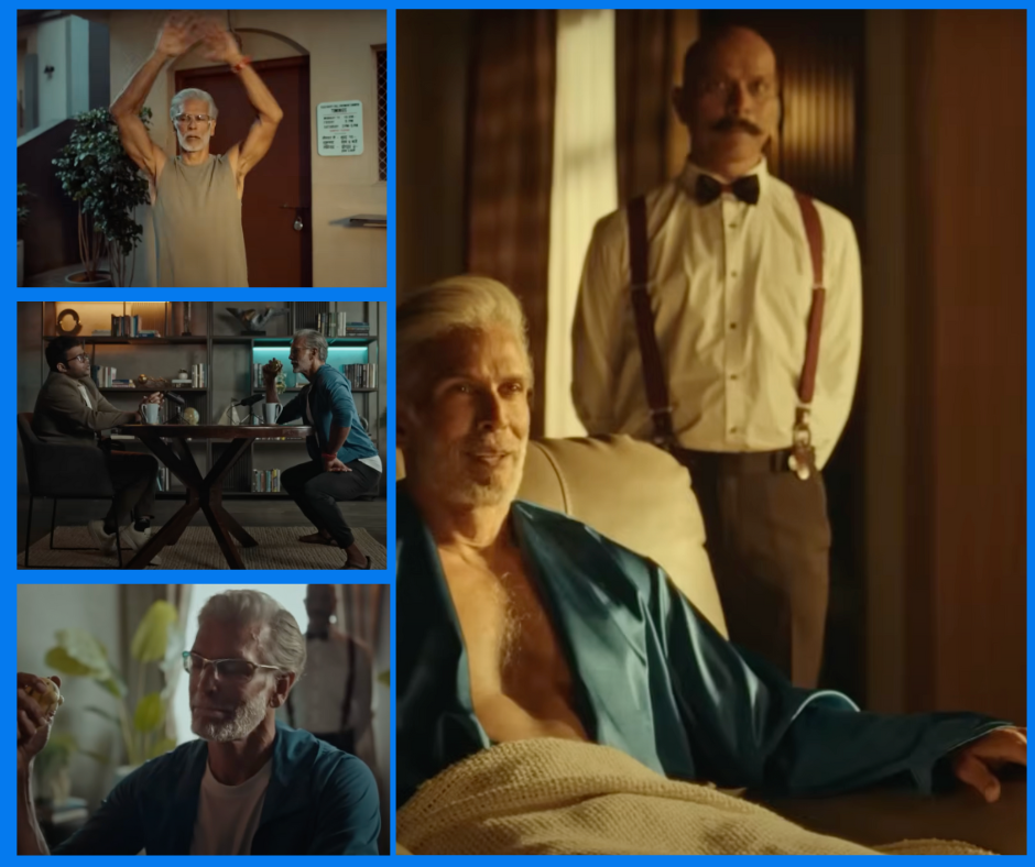 Milind Soman campaign collage showing transition from active fitness poses to relaxed contemplative states, illustrating Prime Video's permission-based wellness messaging versus productivity culture