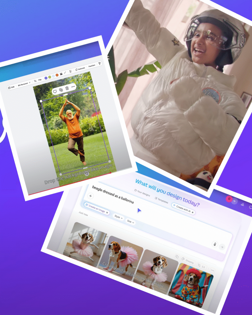 Canva interface screenshots showing AI background remover tool with child in orange shirt jumping in park, young girl in astronaut costume, and beagle dog dressed as ballerina with AI-generated image variations on purple gradient background