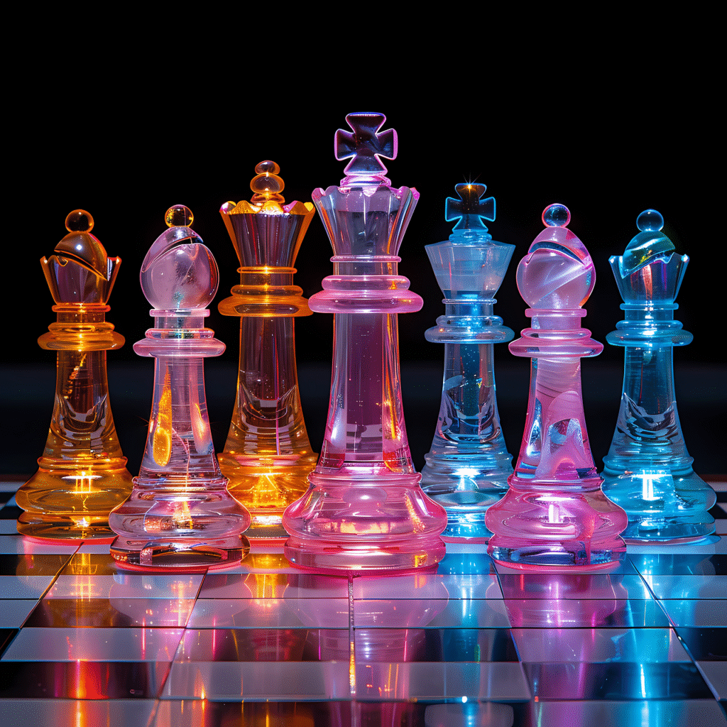 This neon-glass chess set is an even stronger visual for your “Competitive Context” section:

The luminous, unconventional styling speaks to disruptive entrants that challenge the game’s traditional rules.

The vivid colours (pink, orange, blue) contrast sharply against the black background, symbolising brands that stand out in a crowded market.

The premium, futuristic finish echoes Canva’s own high production values, while the surreal aesthetic hints at the creative boldness the campaign itself lacks.