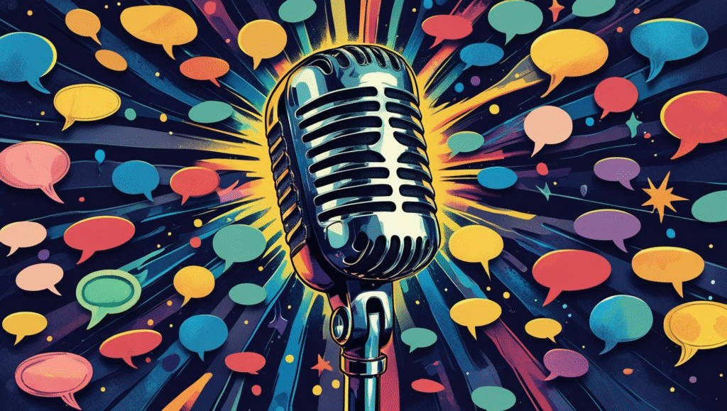 Visual Chaos: Unlike the previous orderly arrangement, this chaotic burst suggests how messages fragment and scatter when broadcast at scale.

Energy Dissipation: The radiating light beams show communication losing intensity as it spreads—exactly your point about diluted messaging.

Central Overwhelm: The microphone appears almost swamped by the response volume, suggesting the brand struggling to manage diverse audience interpretations.