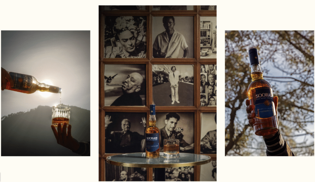 Three-panel image showing Soorahi whisky bottle in different settings: being poured against mountain backdrop, displayed with vintage portraits, and held outdoors, demonstrating product placement in heritage and adventure contexts