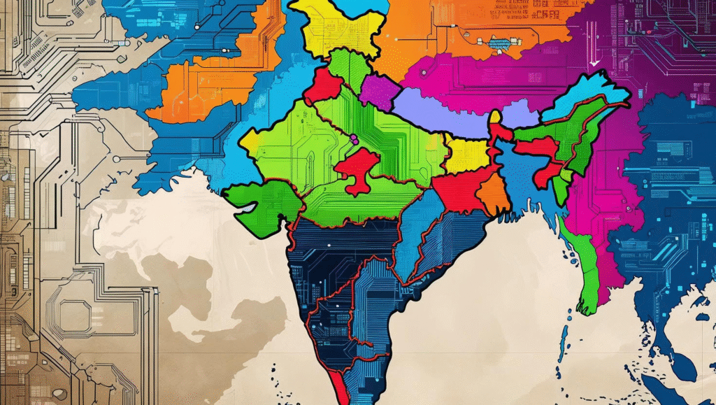 A vibrant map of India, regionally colour-coded with circuit board patterns overlaying each state, symbolising digital connectivity and the pervasive influence of algorithms across the nation.