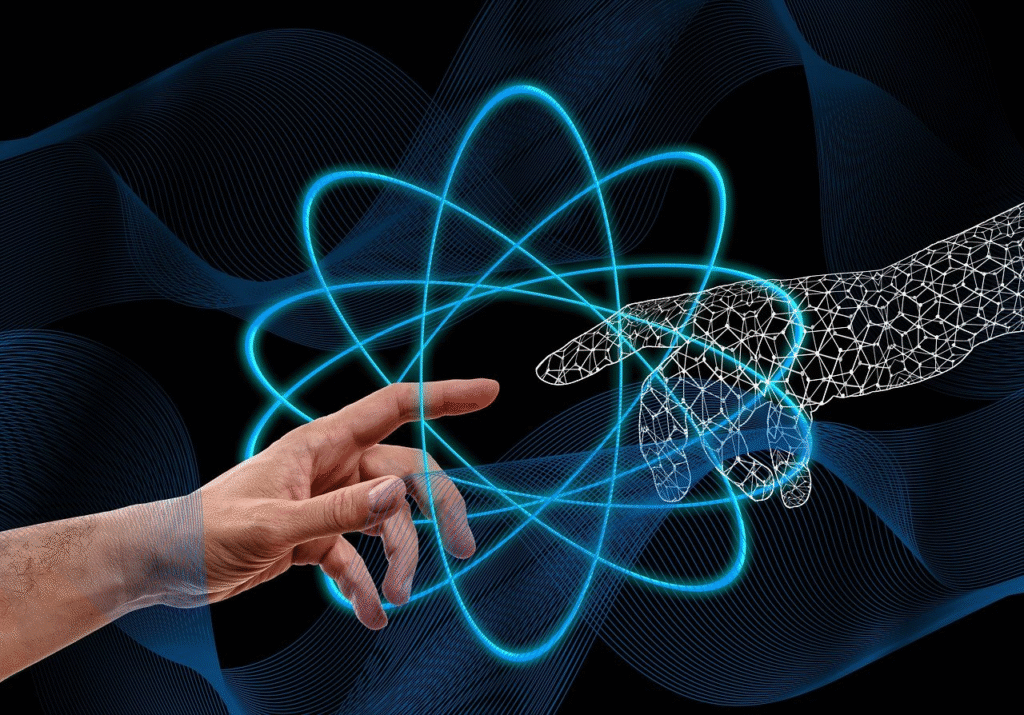 Digital illustration of a human hand reaching toward a wireframe robotic hand, both nearly touching, with glowing atomic orbitals and wave patterns in the background. This image symbolizes the fusion of human creativity and artificial intelligence through technology and innovation.