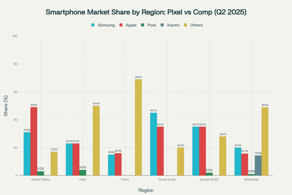 Smartphone market share comparison showing Google Pixel's position relative to Samsung, Apple, and other competitors across major global markets in Q2 2025