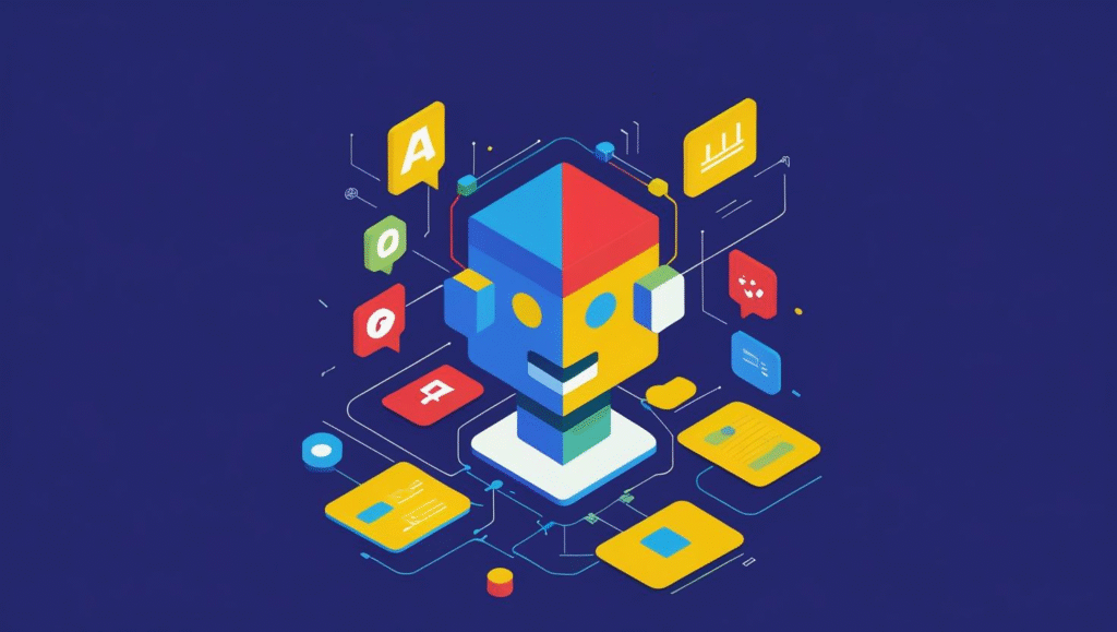 Alt: Isometric illustration of AI robot head surrounded by floating app icons and data visualisation elements on dark blue background representing artificial intelligence ecosystem

