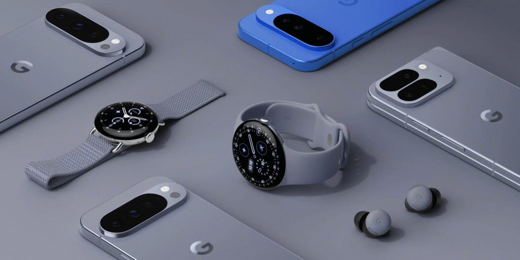 Made by Google 2025 official promotional image showing Pixel phones, Pixel Watch, and Pixel Buds product lineup on minimalist background