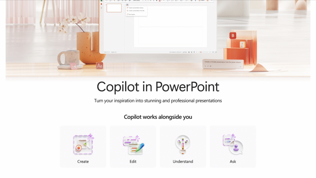 Microsoft Copilot in PowerPoint interface showing AI features for creating, editing, understanding, and asking questions to build professional presentations