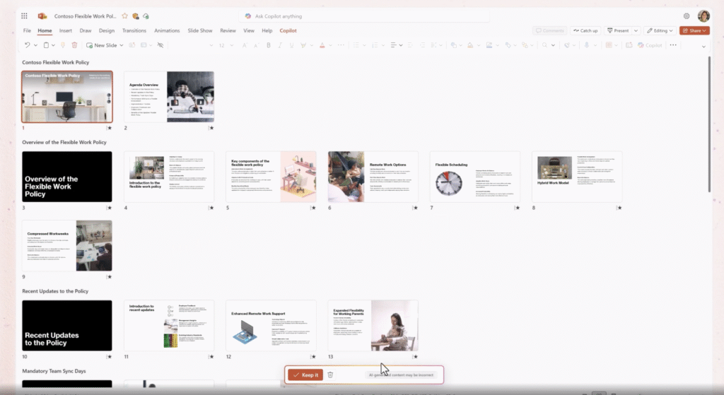 AI-generated PowerPoint presentation showing multiple slides for a flexible work policy, with a review interface and a 'Keep it' button highlighting automatic content creation and editing options in Microsoft Copilot