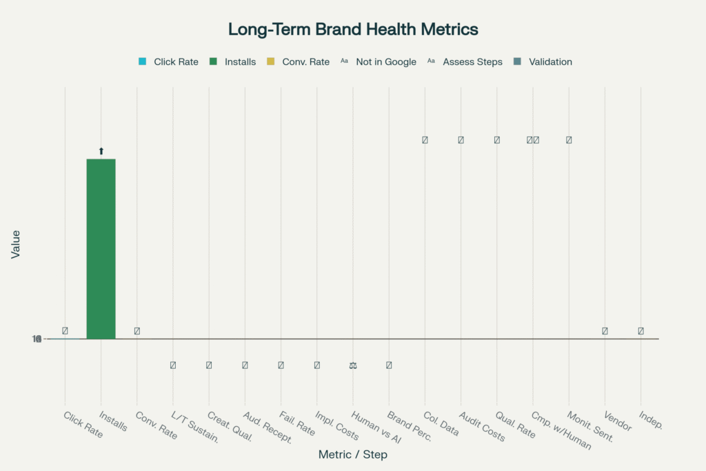 Infographic illustrating the importance of measuring long-term brand health beyond short-term digital marketing metrics, highlighting missed elements like creative quality, audience sentiment, and need for independent validation.