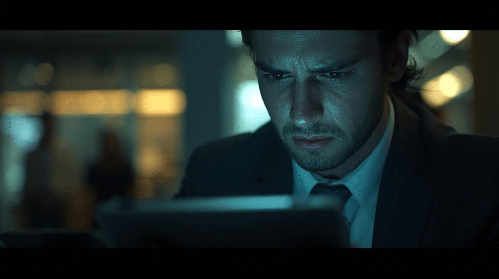 A professional in a suit working intently on a laptop in a dimly lit office, with a softly focused background and warm ambient lighting.