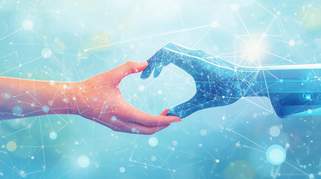 A human hand and a digital robotic hand reaching towards each other, symbolising collaboration between people and artificial intelligence on a digital, networked background.
