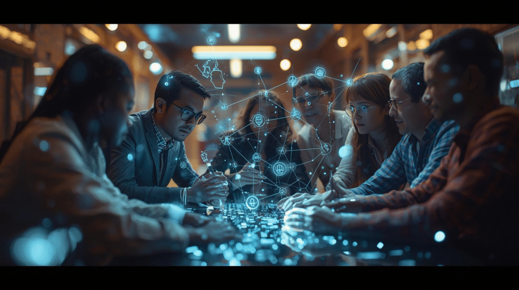 A group of professionals gathered around a table in a modern office, discussing technology strategy, with digital network graphics overlaying the scene to represent AI systems and data connectivity
