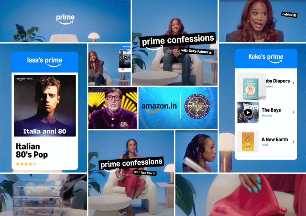 Amazon Prime celebrity marketing campaigns comparison showing Keke Palmer and Issa Rae confession videos alongside Indian KBC game show format with multiple consumer targeting examples