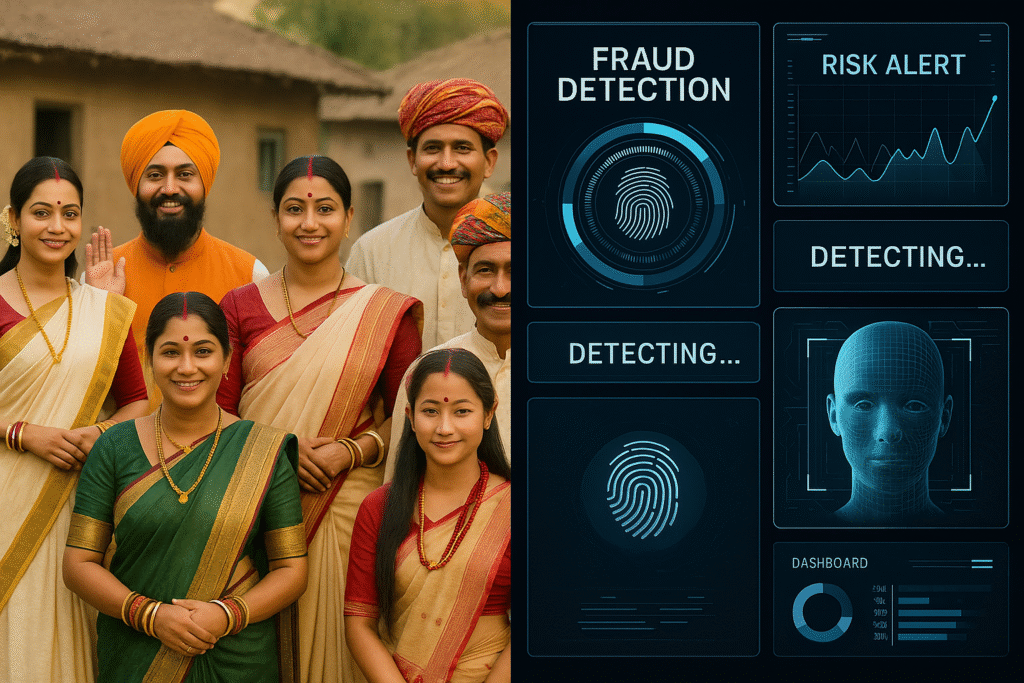 Split-screen graphic showing, on the left, diverse Indian users from different regions and age groups representing linguistic and demographic gaps; on the right, digital mockups of interactive fraud-detection tools, AI verification prompts, and chatbot interfaces illustrating technology integration opportunities in the DigiKavach campaign.