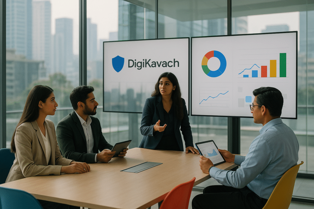 Cinematic photograph of diverse Indian marketing professionals in a modern glass conference room discussing digital campaign strategy, with clean screens and tablets displaying visual data, natural lighting, and urban Indian cityscape in the background. 