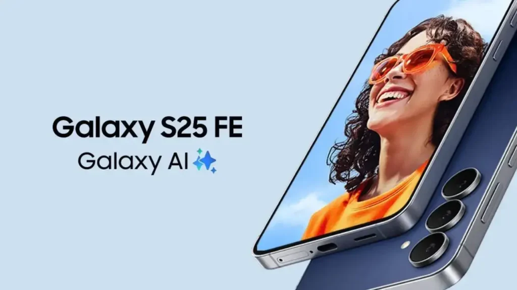 Samsung Galaxy S25 FE smartphone promotional graphic highlighting Galaxy AI features, with a close-up of the device displaying a person on the screen.