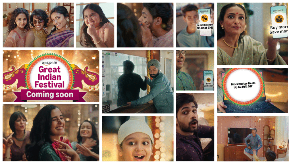 Collage of diverse Indian families celebrating festival moments with Amazon deliveries and decorative lights