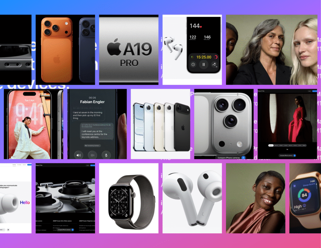 Collage of Apple's September 2025 product lineup including iPhone models, A19 Pro chip, Apple Watch interfaces, AirPods Pro 3, live translation features, and diverse users demonstrating health and lifestyle applications
