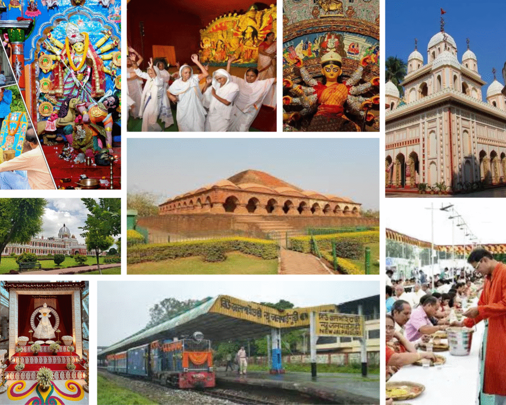 Collage showing diverse aspects of Bengal beyond Kolkata including Durga Puja pandals, elderly devotees, historic temples, terracotta architecture, trains, and cultural celebrations across different districts