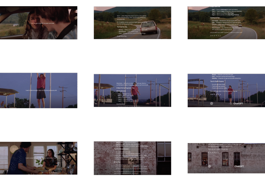 OpenAI ChatGPT marketing campaign screenshots showing fitness, travel and cooking scenarios with AI assistance interface