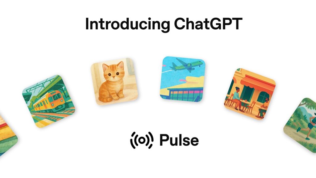 OpenAI's promotional image for ChatGPT Pulse showing colourful illustrated cards scattered on white background featuring a kitten, train, aeroplane, and buildings with "Introducing ChatGPT" and "Pulse" branding