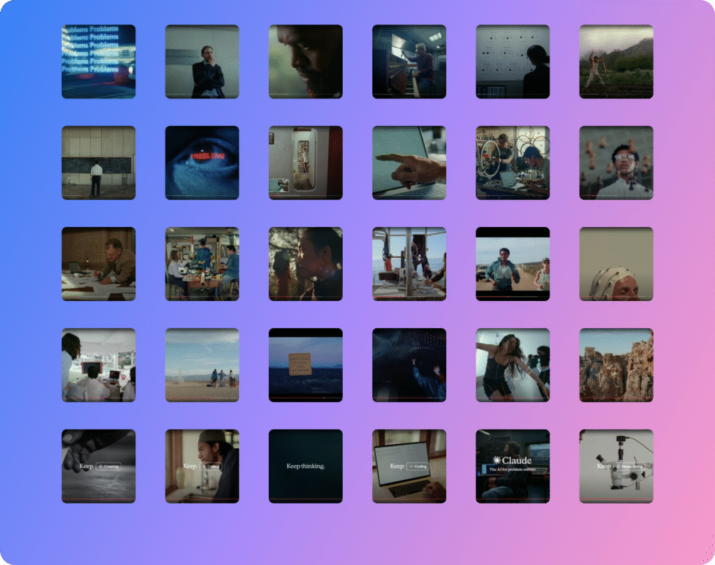Grid of 30 still frames from Anthropic's Claude 'Keep Thinking' campaign video showing diverse professionals, researchers, and creatives in various work environments with campaign messaging overlays