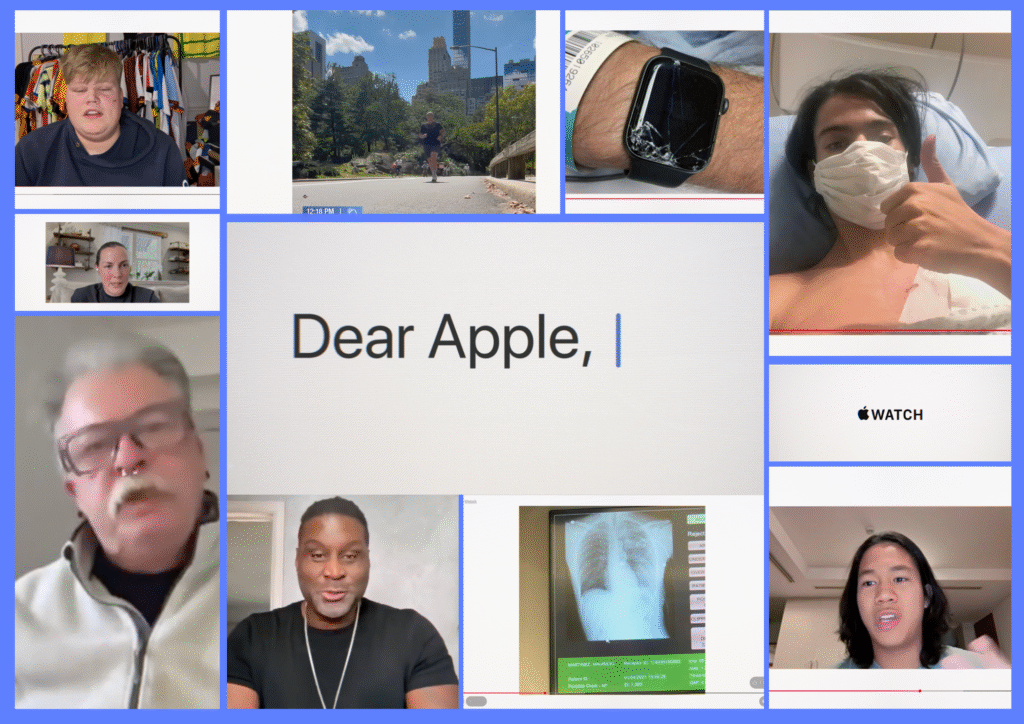 Mosaic of 'Dear Apple' campaign testimonials showing diverse users in video call frames—including a runner, a patient with a broken Apple Watch, and a healthcare setting—with central text 'Dear Apple,' and Apple Watch logo, illustrating user-generated life-saving stories.