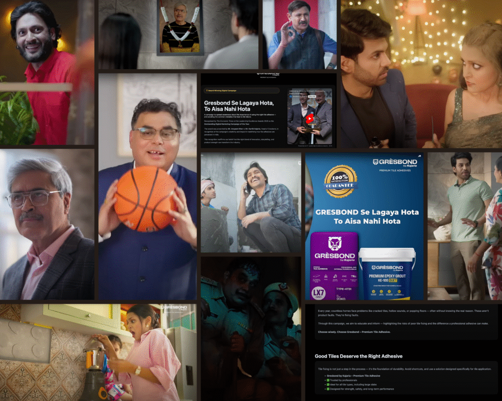 A montage of stills from Kajaria’s Gresbond digital ads and promotional materials, showing various domestic mishaps (broken tiles, loose fixtures, startled homeowners), the campaign slogan “Gresbond Se Lagaya Hota, To Aisa Nahi Hota,” product shots of Gresbond adhesive buckets, and an awards announcement screen.