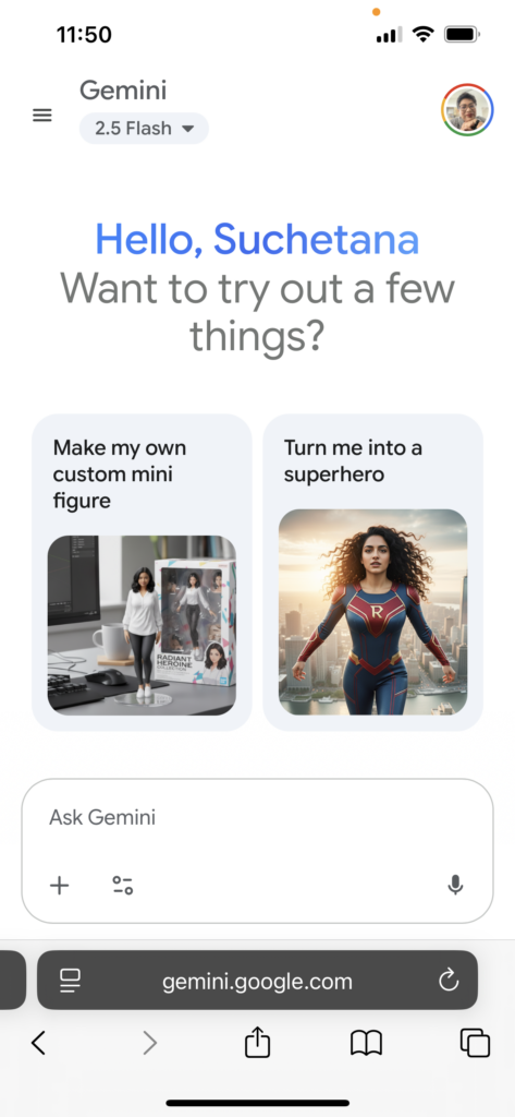 Google Gemini mobile interface showing personalised onboarding screen with four AI image transformation options: custom mini figure, superhero transformation, 80s makeover, and professional headshot