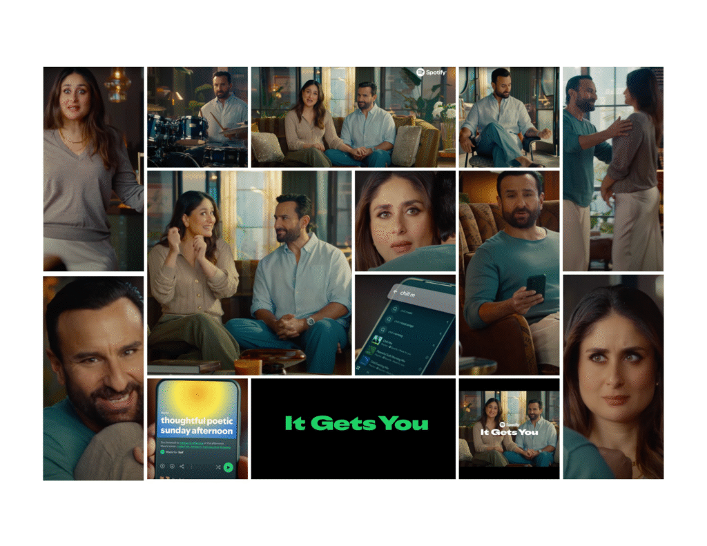 Collage of Spotify India's 'It Gets You' campaign featuring Kareena Kapoor and Saif Ali Khan in intimate home settings, showing smartphone interface, couple interactions, and campaign tagline