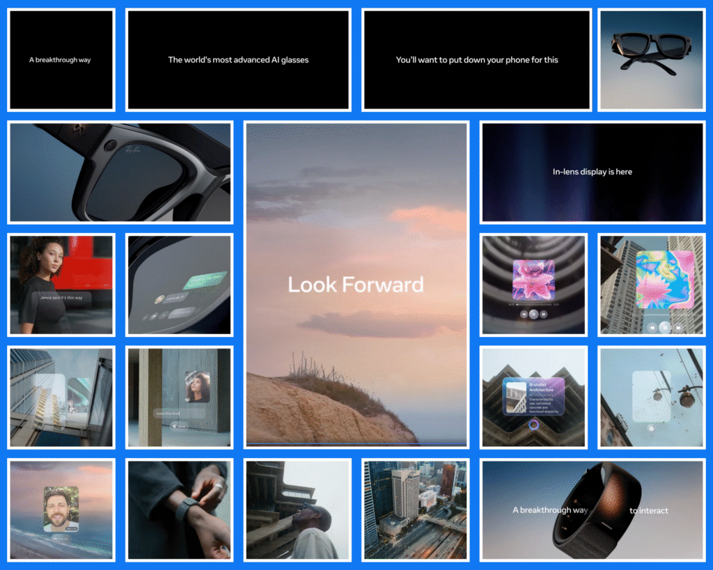 Meta Ray-Ban smart glasses showcasing accessibility features including in-lens display technology, neural band wristband, voice commands, environmental awareness, and hands-free operation for users with disabilities