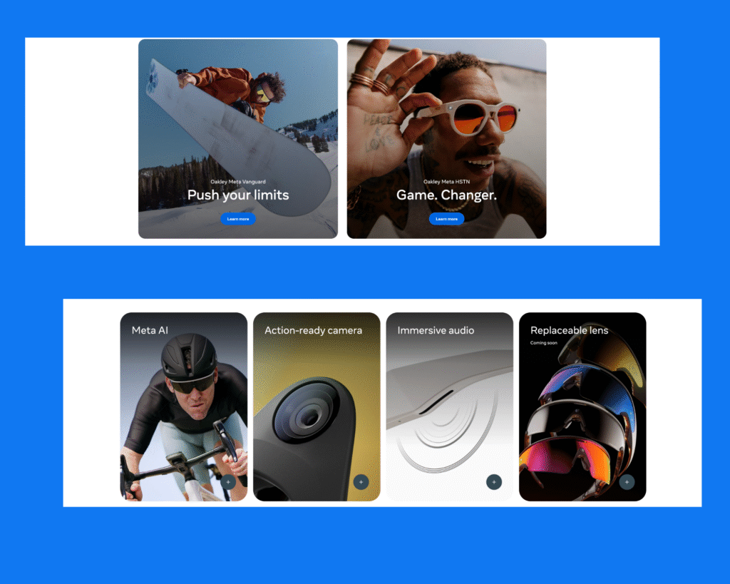 Two-row promotional layout showing Oakley Meta athletic models—top row features a snowboarder wearing Meta Vanguard and a man wearing Meta HSTN, bottom row highlights Meta AI integration, action-ready camera close-up, immersive audio speaker, and replaceable lens options.