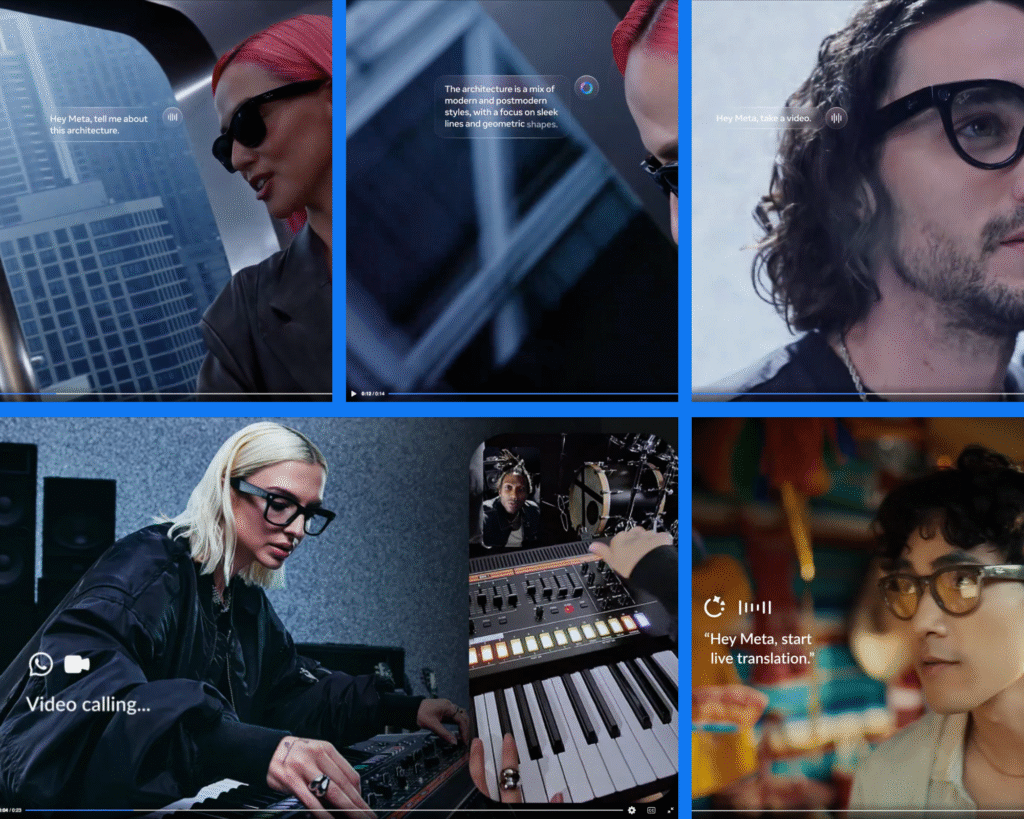 Six-panel showcase of Ray-Ban Meta glasses in use showing voice commands for architectural information, hands-free video recording, professional video calling, creative workspace applications, and live translation activation across diverse urban and professional settings.