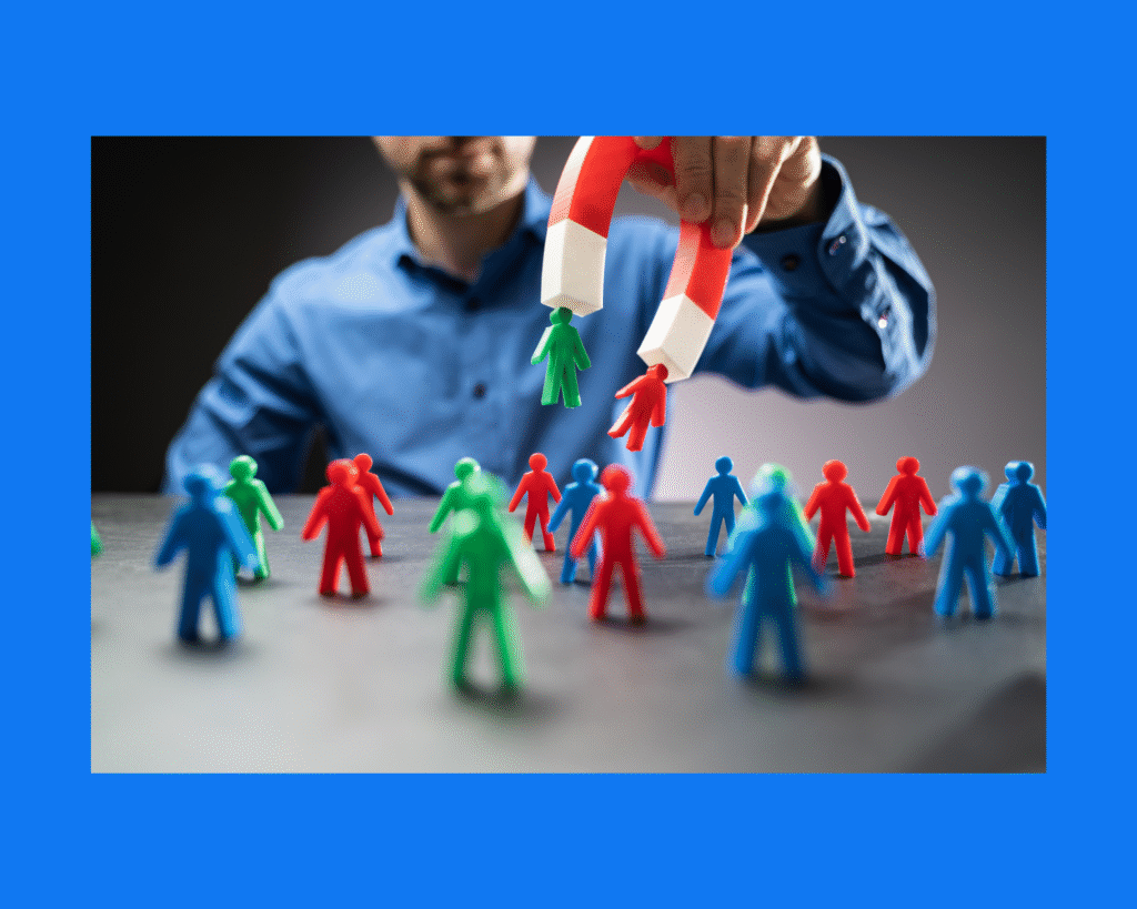 Businessman using red and white magnet to selectively attract colorful human figures, demonstrating targeted marketing focus choosing specific audience segments while leaving others unengaged.