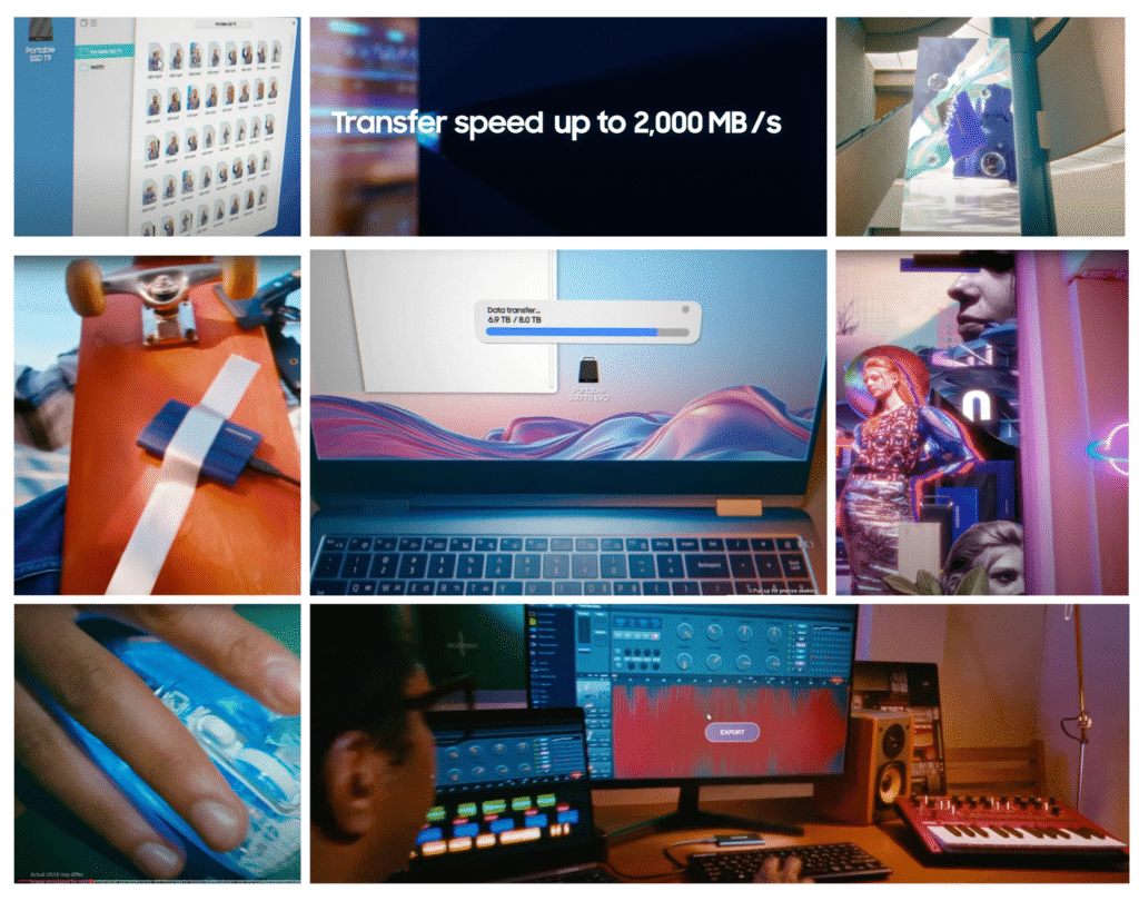 Collage of Samsung Portable SSD promotional scenes showing file explorer interface, ‘Transfer speed up to 2,000 MB/s’ text, SSD taped to skateboard, data transfer progress bar on laptop, creative design render, hand using computer mouse, and music production setup.