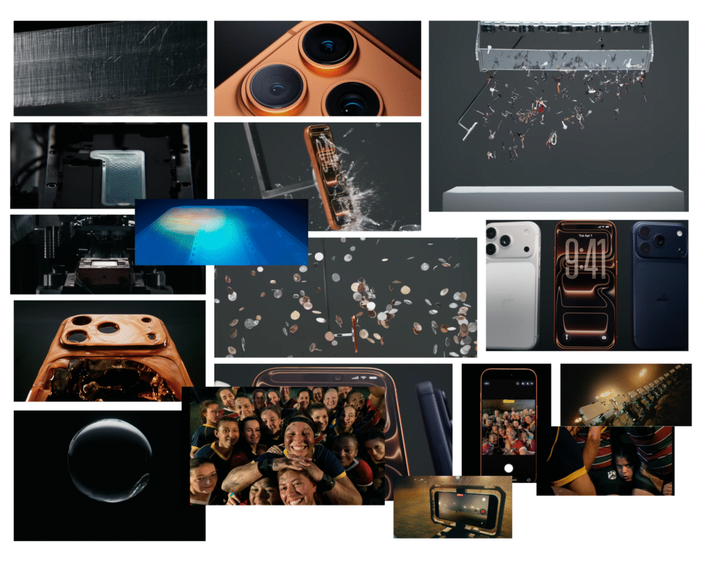 Collage of Apple's cinematic marketing production showing precision manufacturing processes, titanium machining sequences, vapour chamber cooling technology, iPhone camera systems, Centre Stage group photography demonstration, and industrial choreography that transforms technical specifications into visual storytelling